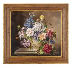 Harold Clayton, Mixed Flowers in a White Vase, oil on canvas