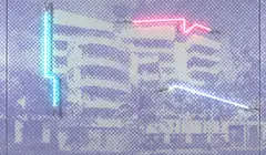 Tom Adair, Beachside Condo, 2018, airbrush, synthetic polymer paint, polymer and neon on Dibond, acrylic frame