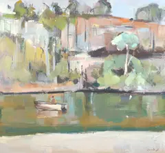 Jamie Boyd, Figure In A Boat By A Steep River Bank, oil on canvas