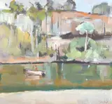 Jamie Boyd, Figure In A Boat By A Steep River Bank, oil on canvas