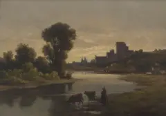 Constant Troyon, Untitled (Cows Drinking), oil on wooden panel