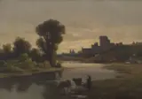 Constant Troyon, Untitled (Cows Drinking), oil on wooden panel