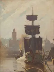 Robert Taylor-Ghee, Flinders Street Station from South Wharf, oil on canvas