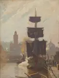 Robert Taylor-Ghee, Flinders Street Station from South Wharf, oil on canvas