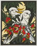 Leslie van der Sluys, Sulphur Crested Cockatoos and Fuchsia Gum, 1981, linocut 35/100