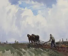 John Samuel Loxton, Farm Workers, watercolour on paper