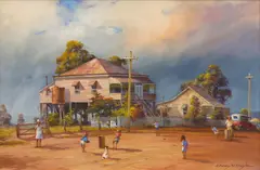 D'Arcy Doyle, Cricket Match After School, oil on canvasboard