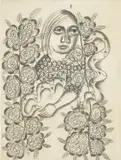 Mirka Mora, Woman with Snake and Flowers, pencil and charcoal on paper