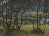 Norah Gurdon, Through the Trees, New Norfolk, Tasmania, oil on canvasboard