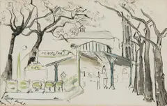 Moya Dyring, Bird Market, Paris, 1951, ink, gouache and wash on paper