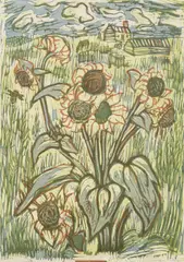Mary Macqueen, Sunflowers, 1957, colour linocut