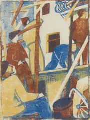 Lill Tschudi, Builders in Tessin, 1949, colour linocut ed. 16/50
