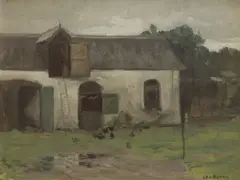 Clara Southern, Farmyard with Chickens, oil on canvasboard