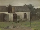 Clara Southern, Farmyard with Chickens, oil on canvasboard