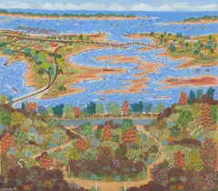 Lorna Chick, The Entrance Gippsland, Lakes Victoria, 1973, oil on board