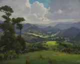 Ernest Buckmaster, Towards Whangaroa, oil on canvas on board