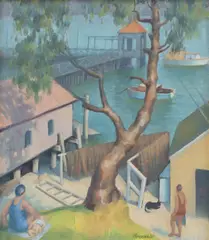 Harold Greenhill, Boatsheds and Manly Baths, 1943, oil on board