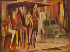 At the Bus Stop by Bill Coleman, oil on canvas, sold Jun 2019
