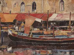 Harry McDonald, Venetian Fish Market, oil on canvas