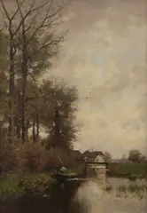 Fred J. du Chattell, Pont sul fleuve, oil on canvas