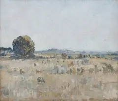 Sheep Grazing by Arthur Boyd, 1938, oil on cotton gauze on composition board, sold Mar 2019