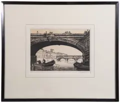 Graham Chilverd, View of the Ponte Vecchio from Ponte Santa Trinita, Florence, etching with drypoint and plate tone, ed.49/75