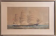Frederick Garling, A Blackwall frigate in full sail off Sydney Heads, gouache and watercolour