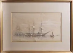 Oswald Walters Brierly, H.M.S. Tribune, moored with other vessels around, pencil and watercolour heightened with gouache