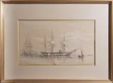 Oswald Walters Brierly, H.M.S. Tribune, moored with other vessels around, pencil and watercolour heightened with gouache