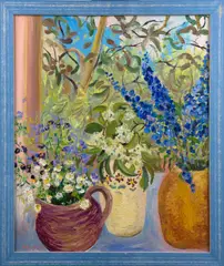 Polly Boyd, Three Vases of Flowers, oil on canvas board