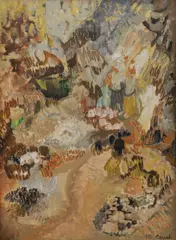 Valley by Judy Cassab, 1975, mixed media on board, sold Nov 2018