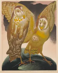Golden Owls by Murray Griffin, colour linocut, 19/26, sold Sep 2018