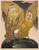 Murray Griffin, Golden Owls, colour linocut, 19/26