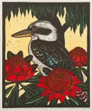 Leslie van der Sluys, Laughing Kookaburra and Waratah, 1982, handcoloured linocut 9/90