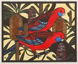 Leslie van der Sluys, Crimson Rosellas and Scarlett Banksia, 1982, linocut 32/90