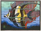 Leslie van der Sluys, Barrier Reef: Moonish Idle and Geranium Coral, 1987, linocut 13/90