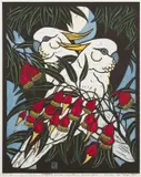 Leslie van der Sluys, Sulphur Crested Cockatoos and Fuschia Gum, 1981, linocut A/P (B)