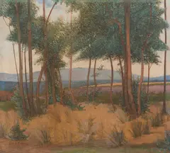 Portia Geach, Landscape with Purple Field, oil on canvas