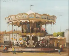 Judith Wills, The Merry Go Round (Saintes, France on Bastille Day), oil on canvasboard