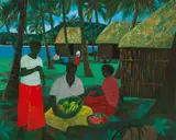 Fijian Village by Ray Crooke, oil on canvas, sold Sep 2018