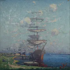 Norman Lloyd, Ships Unloading Cargo, 1924, oil on canvas