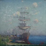 Norman Lloyd, Ships Unloading Cargo, 1924, oil on canvas