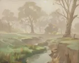 Ernest Buckmaster, Misty Landscape, oil on canvasboard
