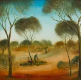 Cleaning the Traps 1974 (Rabbit Trapper Series) by Pro Hart, oil on composition board, sold Sep 2018