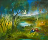 David Boyd, Children Gathering Flowers, oil on board