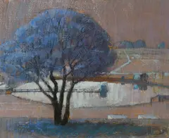 Jacaranda Glasshouse Mountains by Lawrence Daws, oil on board, sold Jun 2018