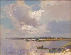 Row Boats Near Shore by Rubery Bennett, oil on board, sold Jun 2018