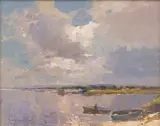 Rubery Bennett, Row Boats Near Shore, oil on board