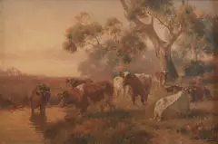 Jan Hendrik Scheltema, Cattle Beside a Watering Hole, oil on canvas