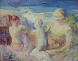 Arthur Murch, Beach Scene with Mother and Two Children, oil on board